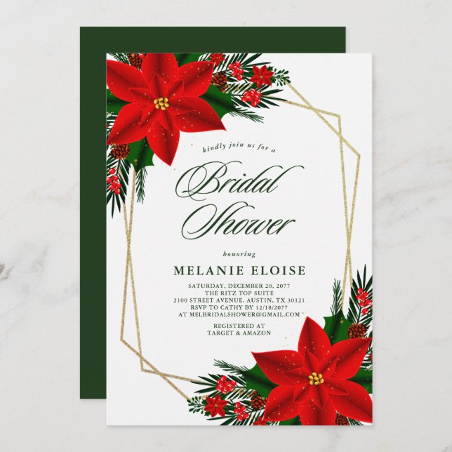 Red Poinsettia Greenery Christmas Bridal Shower Invitation (Front/Back)