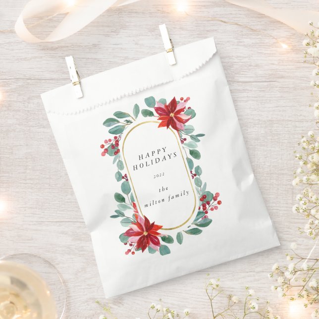 Red Poinsettia Holiday Floral Monogram Favour Bags (Clipped)