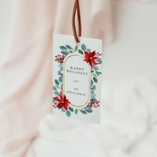 Red Poinsettia Holiday Floral Monogram Gift Tags