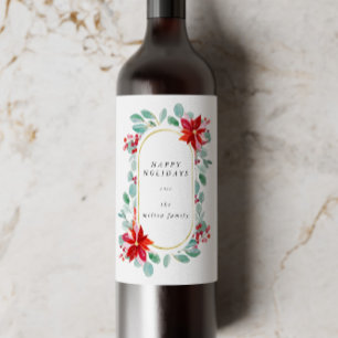 Red Poinsettia Holiday Floral Monogram Wine Label