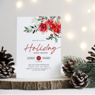 Red Poinsettia Holiday Open House Christmas Party Invitation