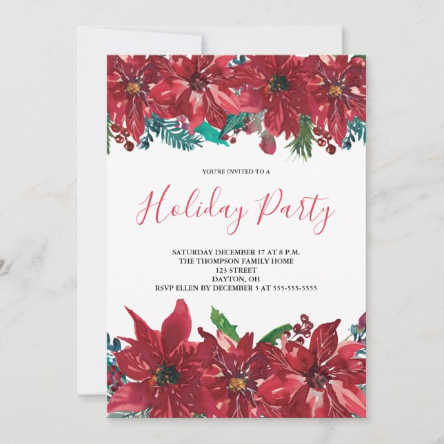 Red Poinsettia Holiday Party Invitation (Front)