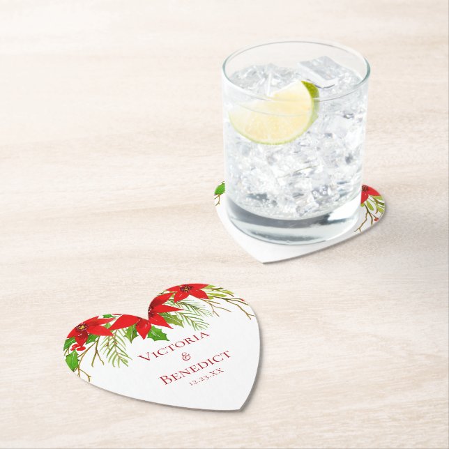 Red Poinsettia Holiday Wedding Custom Heart Paper Coaster (Insitu)