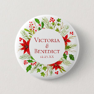 Red Poinsettia Holiday Wedding Personalised 6 Cm Round Badge