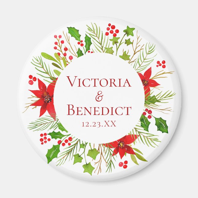 Red Poinsettia Holiday Wedding Personalised Magnet (Front)