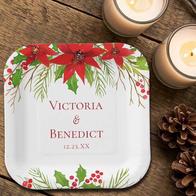 Red Poinsettia Holiday Wedding Personalised Paper Plate (Creator Uploaded)