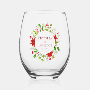 Red Poinsettia Holiday Wedding Personalized Stemless Wine Glass