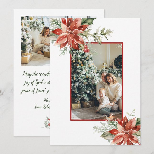 Red Poinsettia Holly 2 Photo Christmas Announcement (Front/Back)