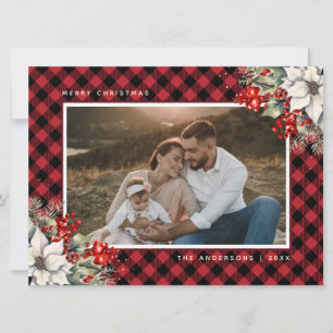 Red Poinsettia Holly Berries Photo Christmas Holiday Card