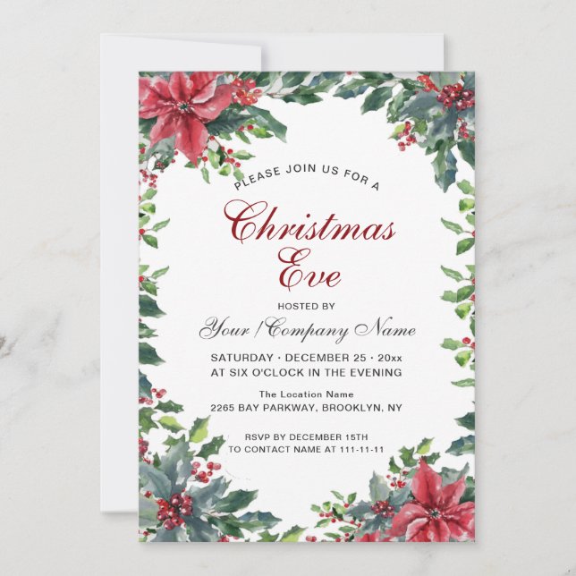 Red Poinsettia & Holly Berry Wreath Christmas Eve Invitation (Front)