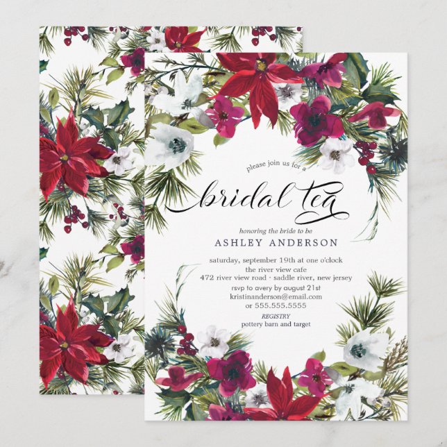 Red Poinsettia Holly Bridal Shower Bridal Tea Invitation (Front/Back)
