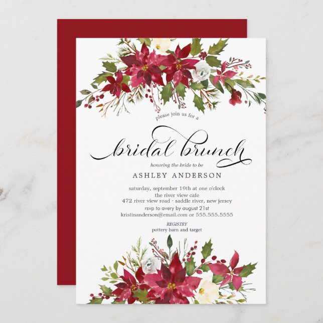 Red Poinsettia Holly Bridal Shower Brunch Invitation (Front/Back)