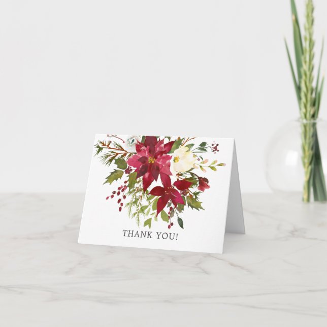Red Poinsettia Holly Bridal Shower Thank You Card (Front)