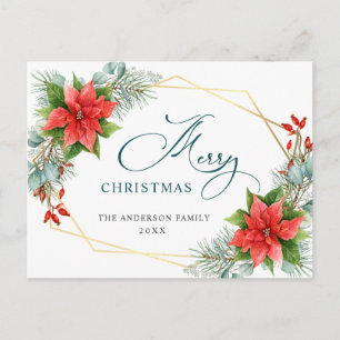 Red Poinsettia Holly Christmas Holiday Greeting Postcard