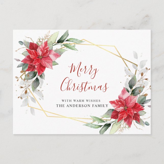 Red Poinsettia Holly Christmas Holiday Greeting Postcard (Front)