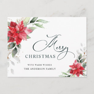Red Poinsettia Holly Christmas Holiday Greeting Postcard