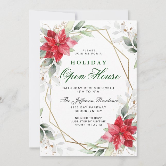 Red Poinsettia Holly Christmas Holiday Open House Invitation (Front)