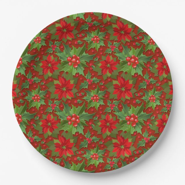 Red Poinsettia Holly Floral Pattern | Christmas Paper Plate (Front)