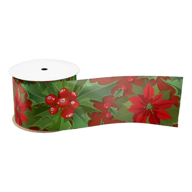 Red Poinsettia Holly Floral Pattern | Christmas Satin Ribbon (Spool)