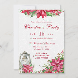 Red Poinsettia & Lantern Winter Christmas Party Invitation