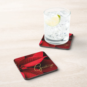 Red Poinsettia Macro Season's Greeting Holiday Coaster