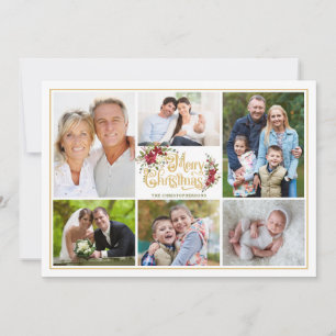 Red Poinsettia Merry Christmas Photo Collage Holiday Card