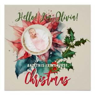 Red Poinsettia Mistletoe Baby Name Photo Christmas Poster