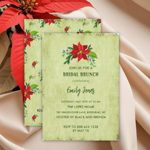 Red Poinsettia on Vintage Green, Bridal Brunch Invitation