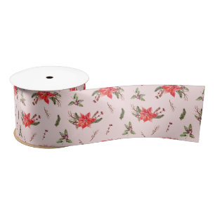 Red Poinsettia Pattern Christmas Satin Ribbon