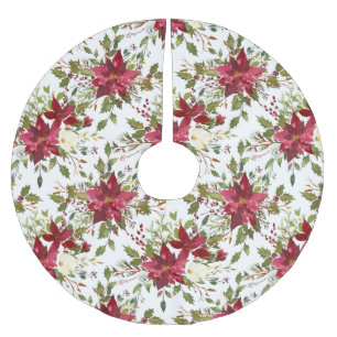 Red Poinsettia Pattern on White Brushed Polyester Tree Skirt