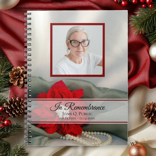 Red Poinsettia Pearls Funeral Memorial Guest Book (Creator Uploaded)