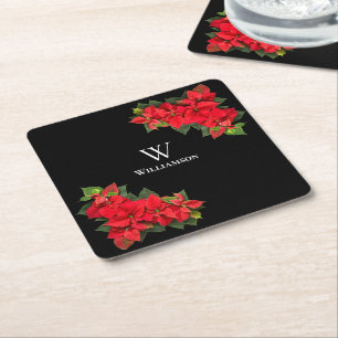 Red Poinsettia Personalised  Square Paper Coaster
