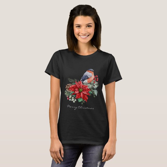 Red Poinsettia Pine Cone Bird Black Christmas  T-Shirt (Front Full)