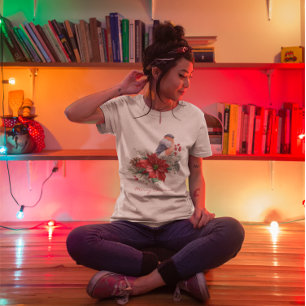 Red Poinsettia Pine Cone Bird Merry Christmas T-Shirt