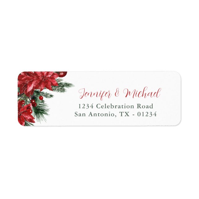 Red Poinsettia Pine Green Wedding Return Address (Front)