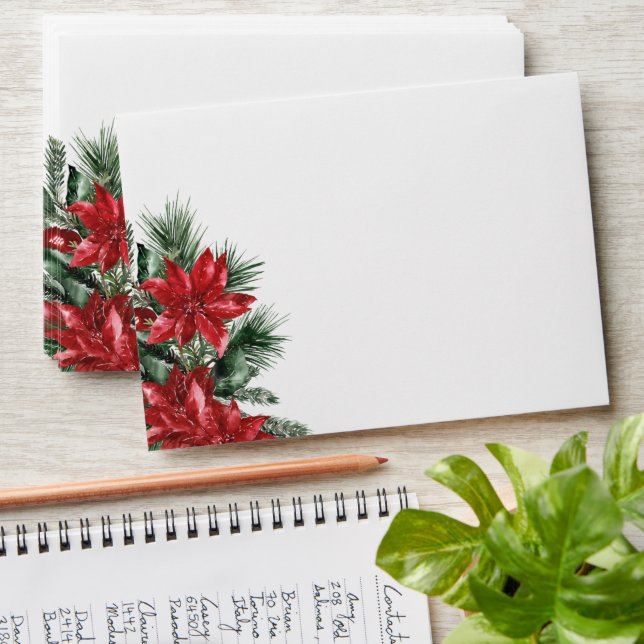 Red Poinsettia Pine Green Wedding Return Address  Envelope (Stacked)