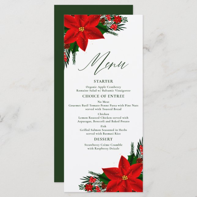 Red Poinsettia Pine Greenery Tree Leaves Christmas Menu (Front/Back)