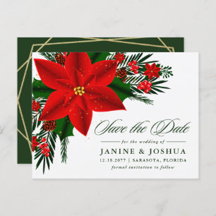 Red Poinsettia Pine Greenery Wedding Save The Date Postcard