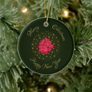 Red Poinsettia Plant on glitter starry green sky Ceramic Tree Decoration