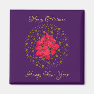 Red Poinsettia Plant on glitter starry purple sky Magnet