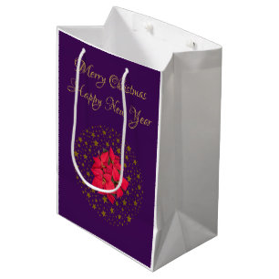 Red Poinsettia Plant on glitter starry purple sky Medium Gift Bag