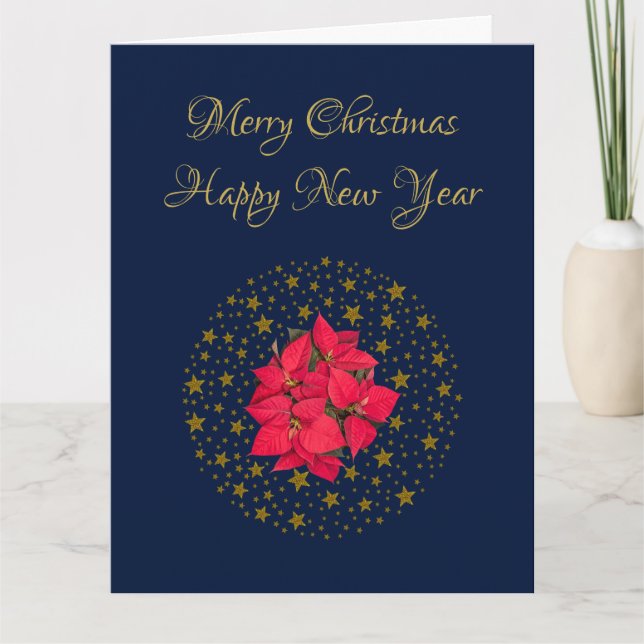 Red Poinsettia Plant on glittering starry blue sky Card (Front)