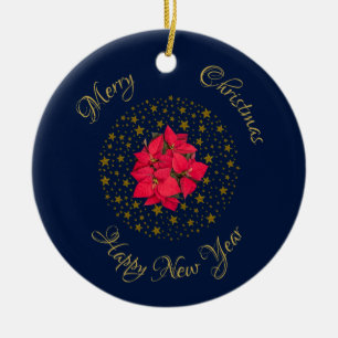 Red Poinsettia Plant on glittering starry blue sky Ceramic Tree Decoration