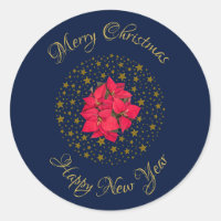 Red Poinsettia Plant on glittering starry blue sky