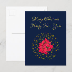Red Poinsettia Plant on glittering starry blue sky Holiday Postcard