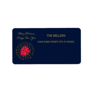 Red Poinsettia Plant on glittering starry blue sky Label