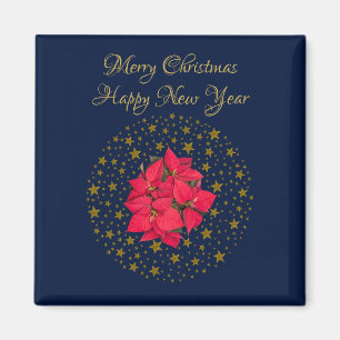 Red Poinsettia Plant on glittering starry blue sky Magnet