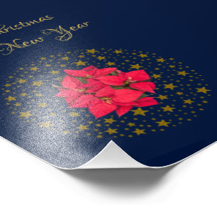 Red Poinsettia Plant on glittering starry blue sky Photo Print