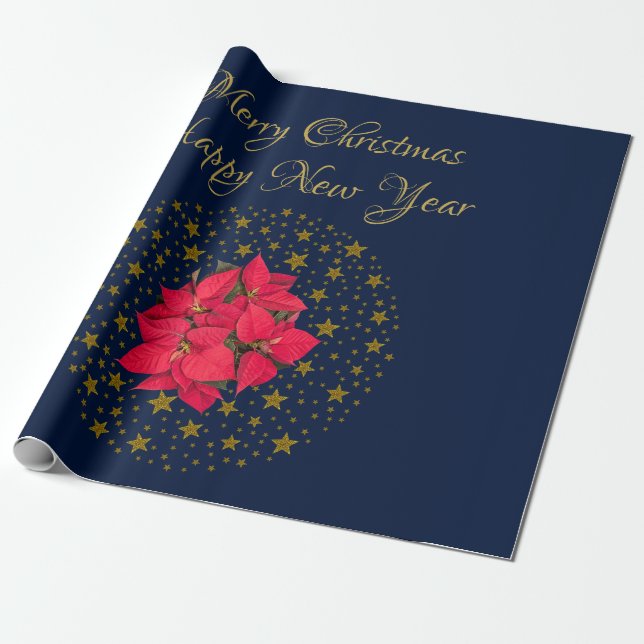 Red Poinsettia Plant on glittering starry blue sky Wrapping Paper (Unrolled)