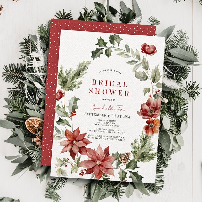 Red Poinsettia Poppy Holiday Floral Bridal Shower Invitation (Creator Uploaded)
